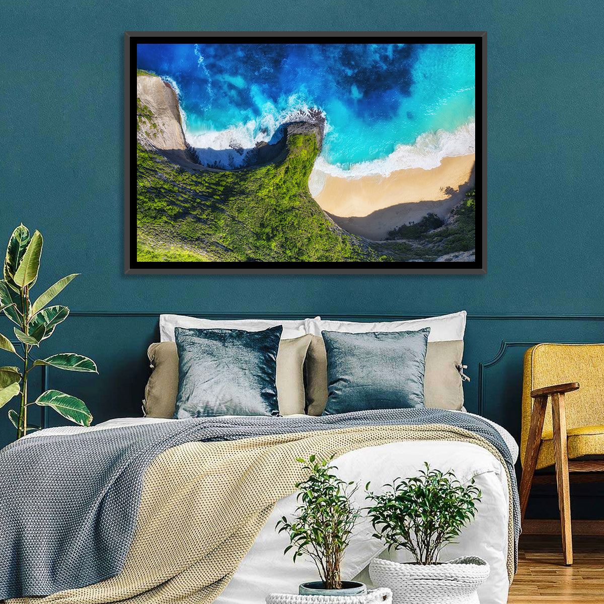 Kelingking Beach Cliffs Wall Art in a room, landscape