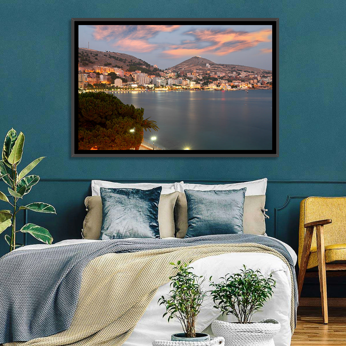 Sarandë Bay at Dusk Wall Art in a room, landscape