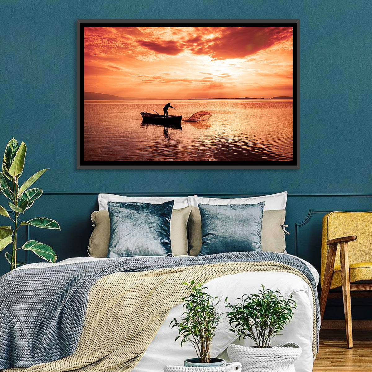 Uluabat Lake Fisherman at Dusk Wall Art in a room, landscape