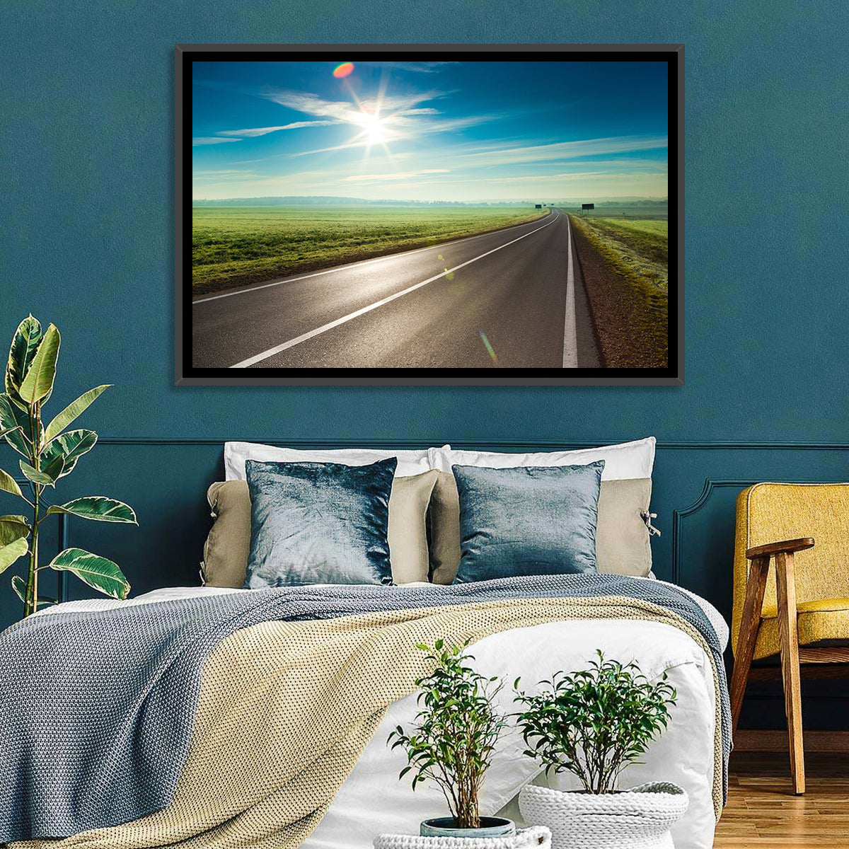 Sunlit Road Through Green Field Wall Art in a room, landscape