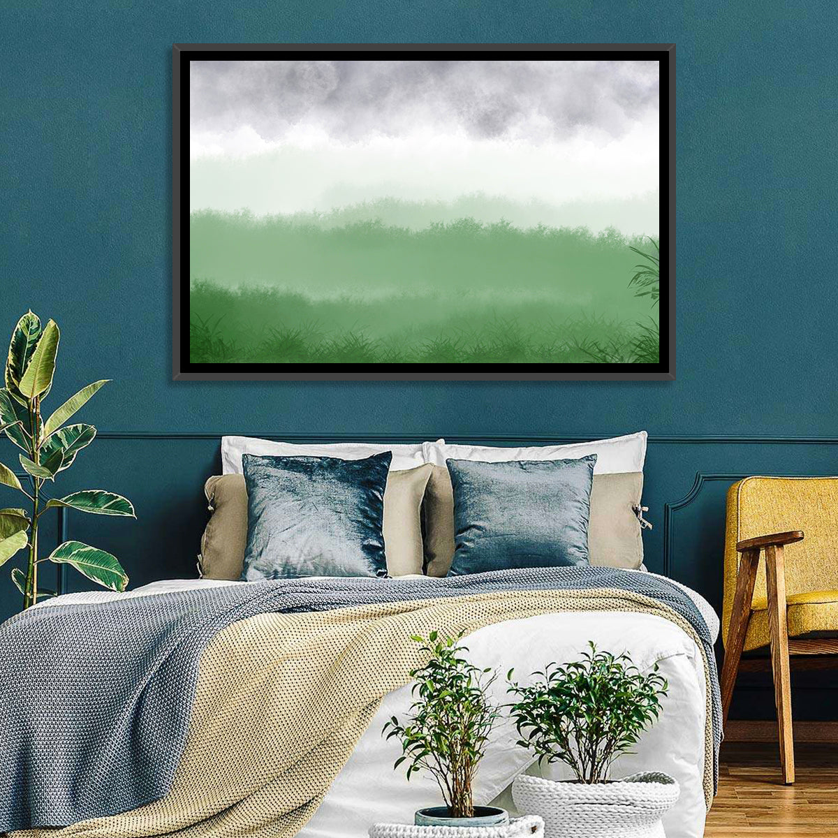 Misty Green Fields Wall Art in a room, landscape
