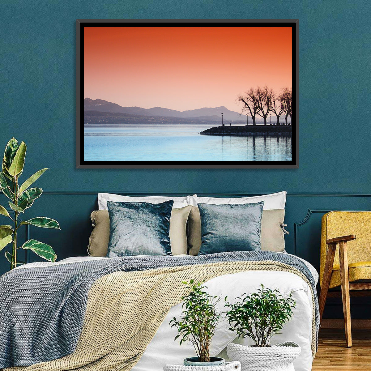 Lake Geneva Sunset Reflection Wall Art in a room, landscape