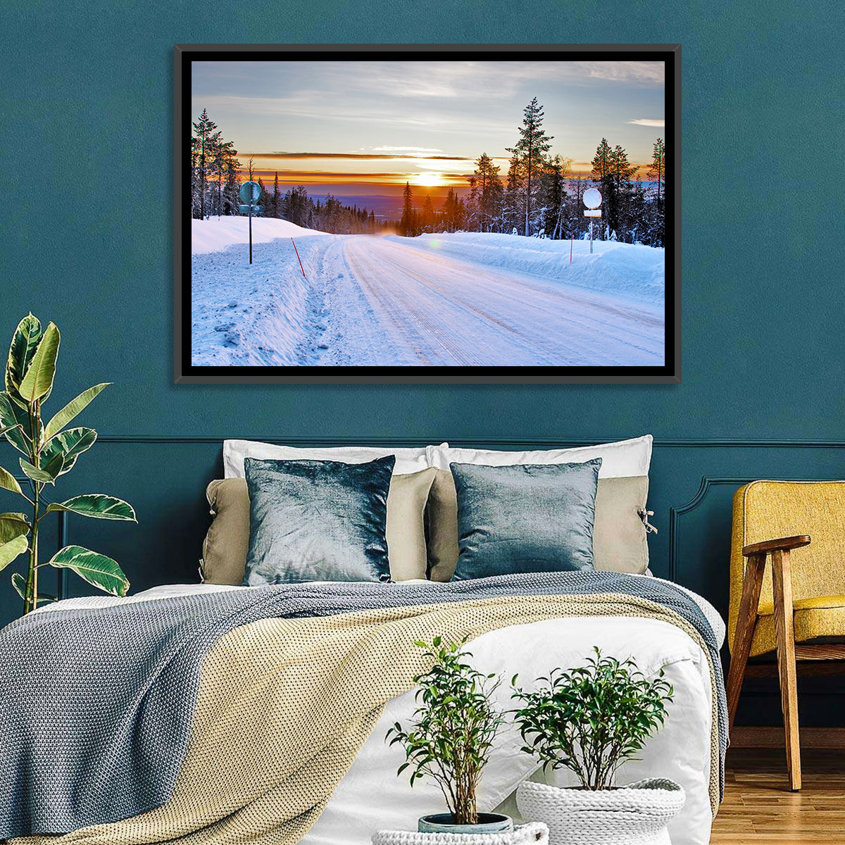 Snowy Road at Sunset Wall Art in a room, landscape