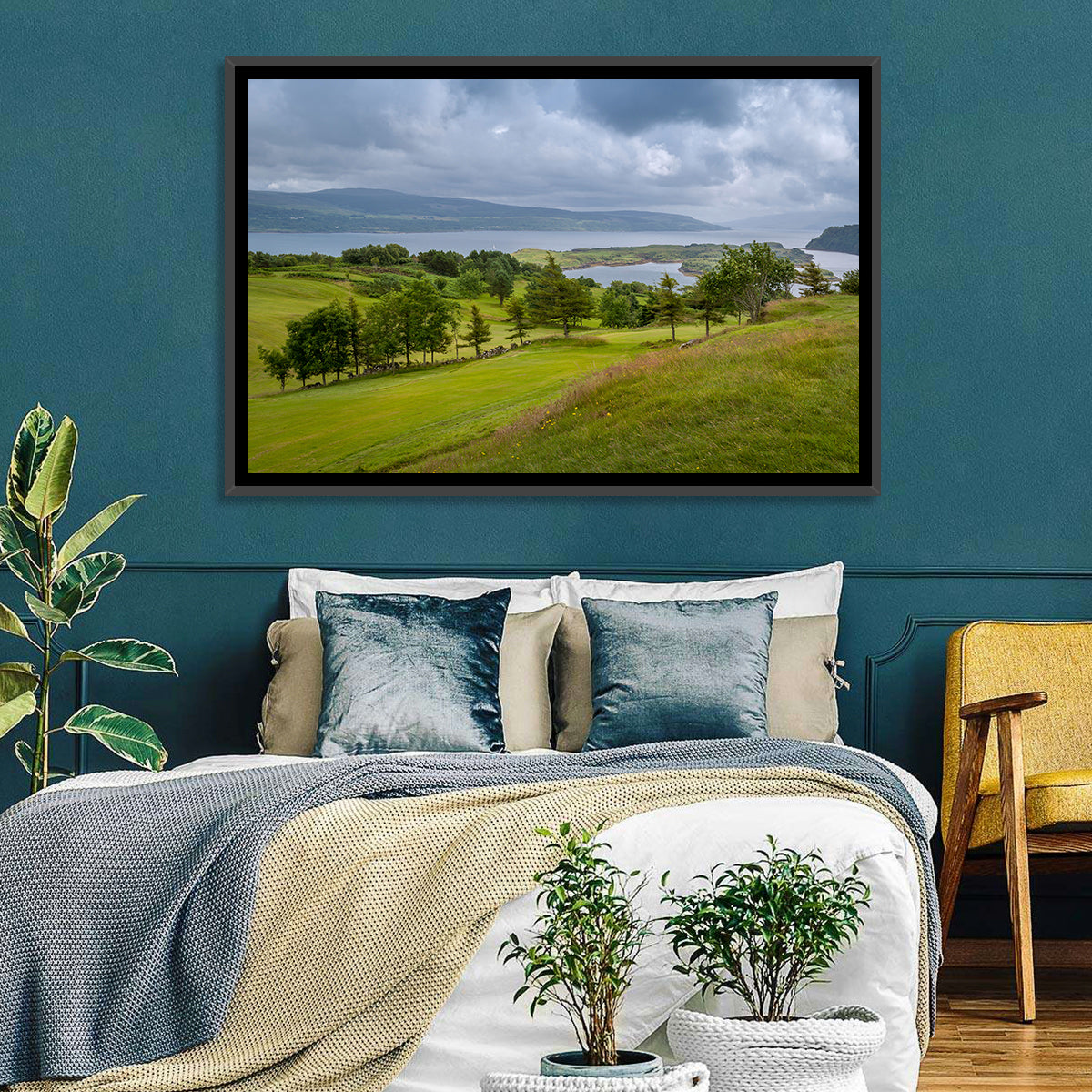 Tobermory Bay Coastal Hill Wall Art in a room, landscape