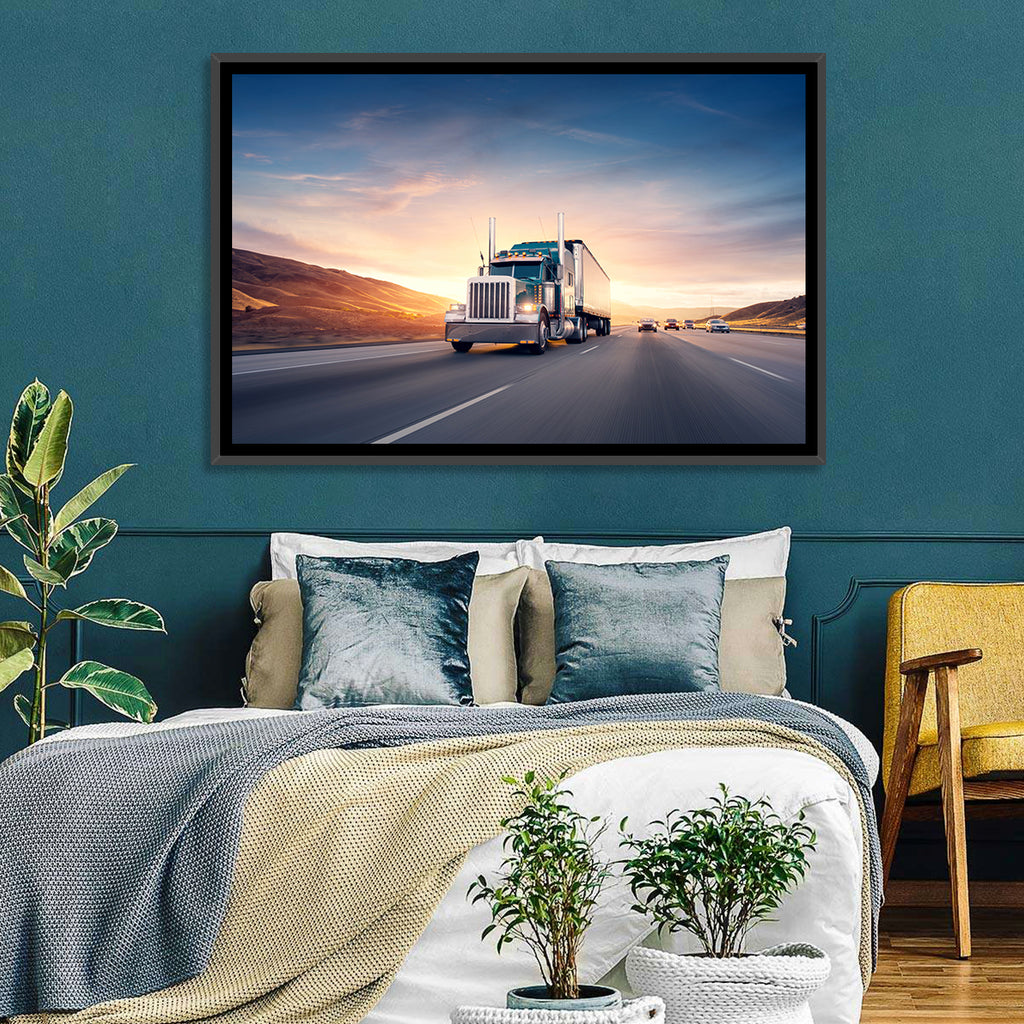 Semi Truck Highway Sunset Wall Art