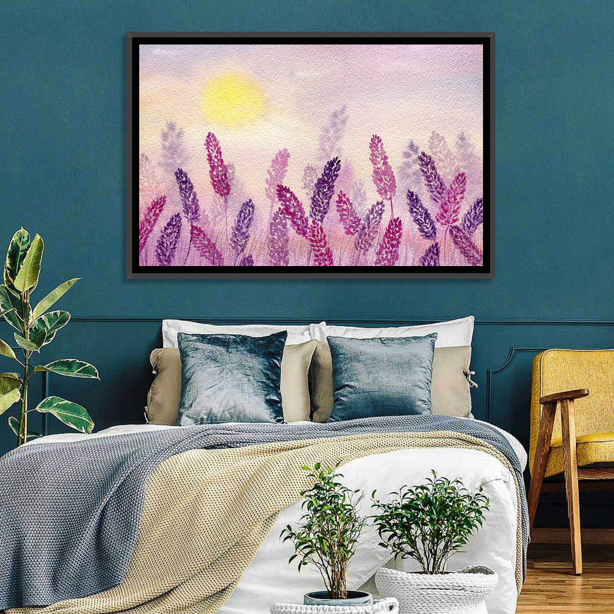 Sunlit Lavender Field Wall Art in a room, landscape