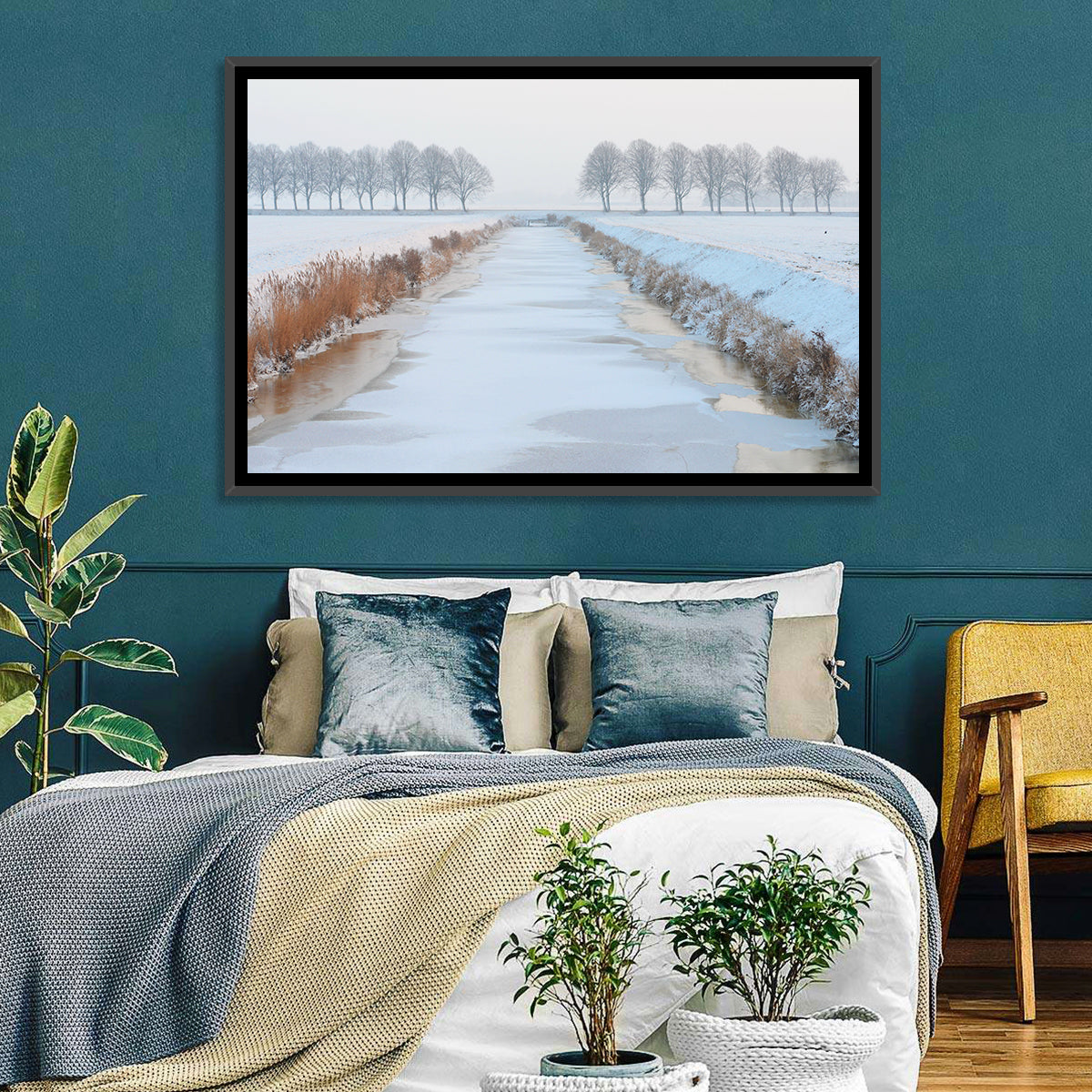 Frozen Canal with Bare Trees Wall Art in a room, landscape