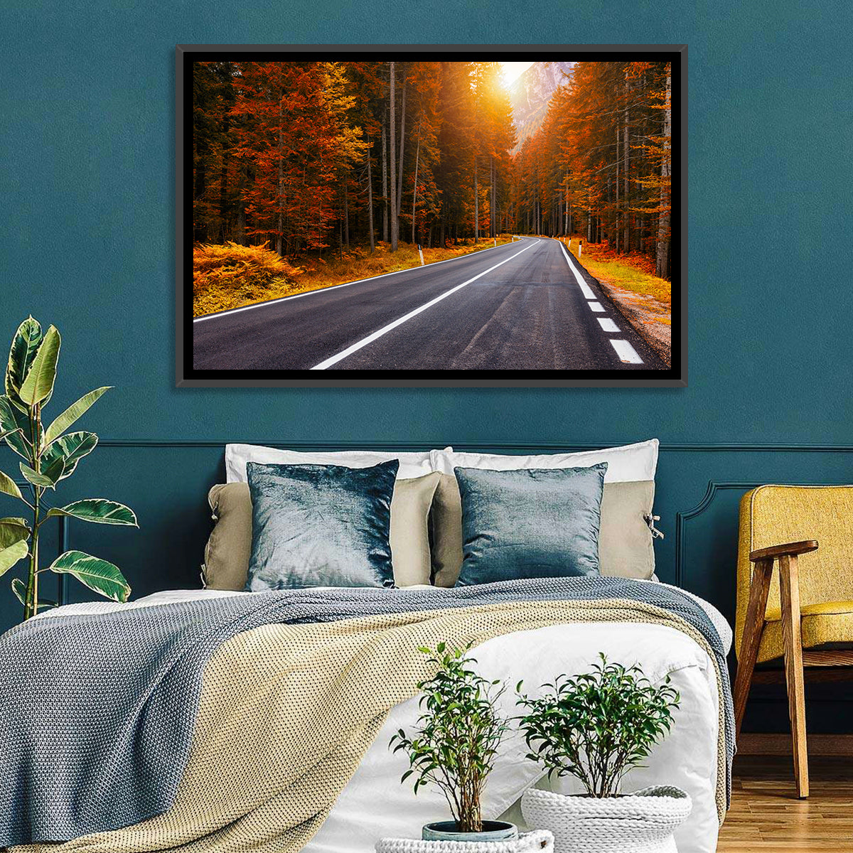 Golden Hour Forest Road Wall Art in a room, landscape