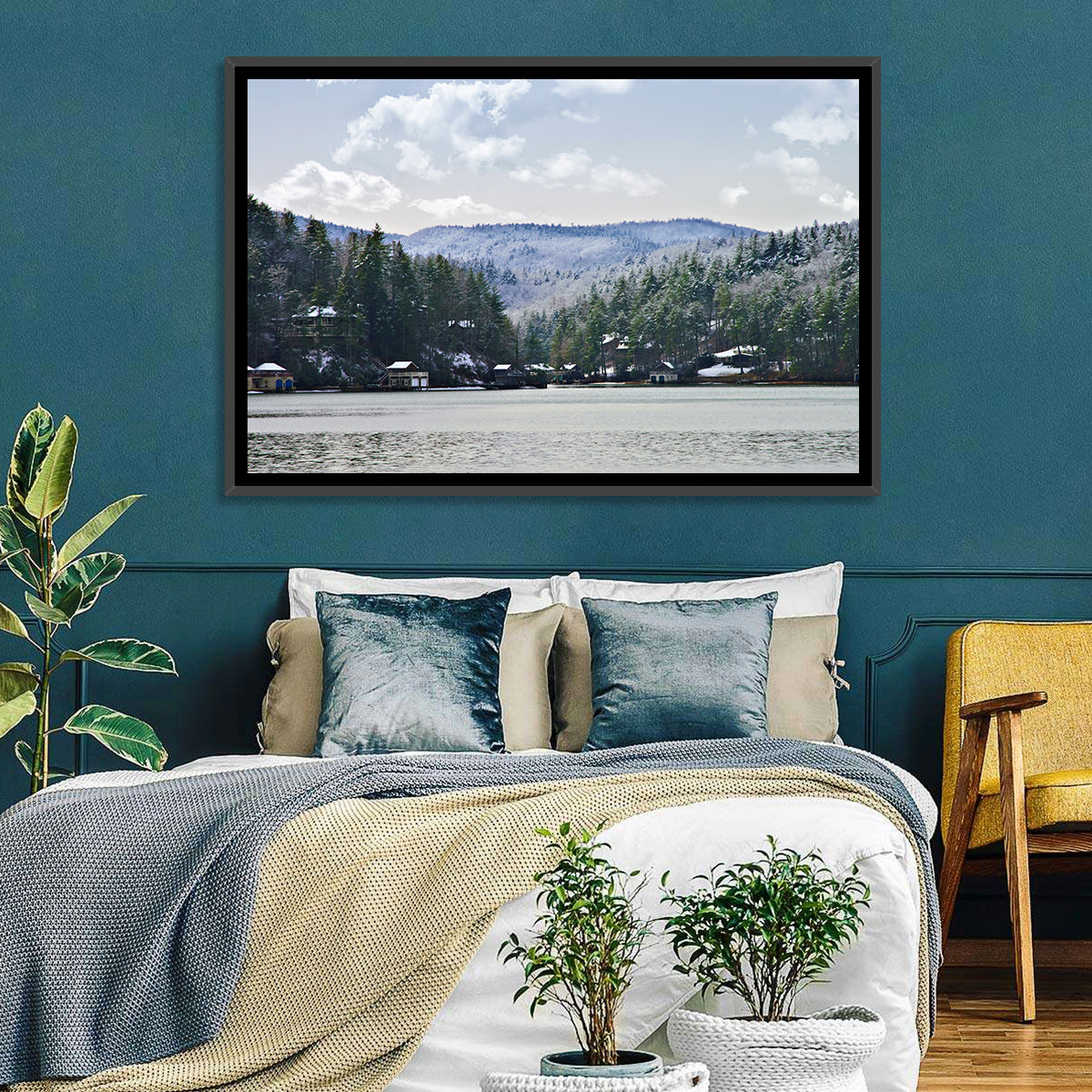 Lake Rabun Winter Scene Wall Art in a room, landscape