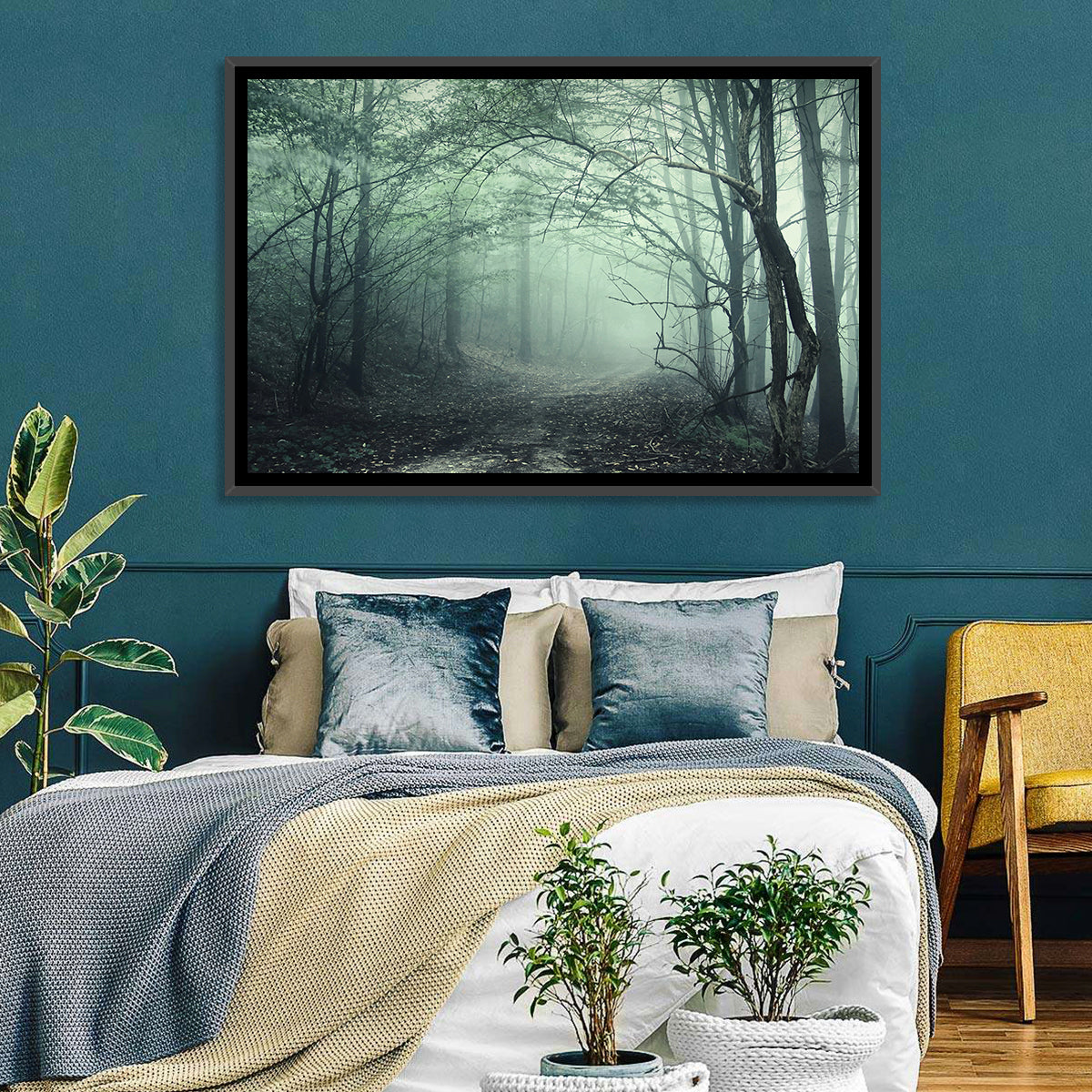 Misty Forest Path Wall Art in a room, landscape