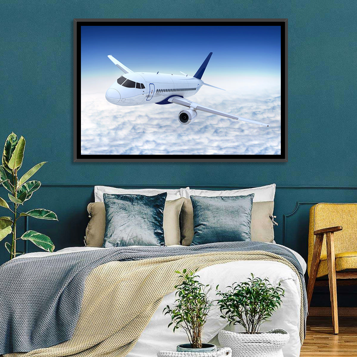 Commercial Jet Above Clouds Wall Art in a room, landscape