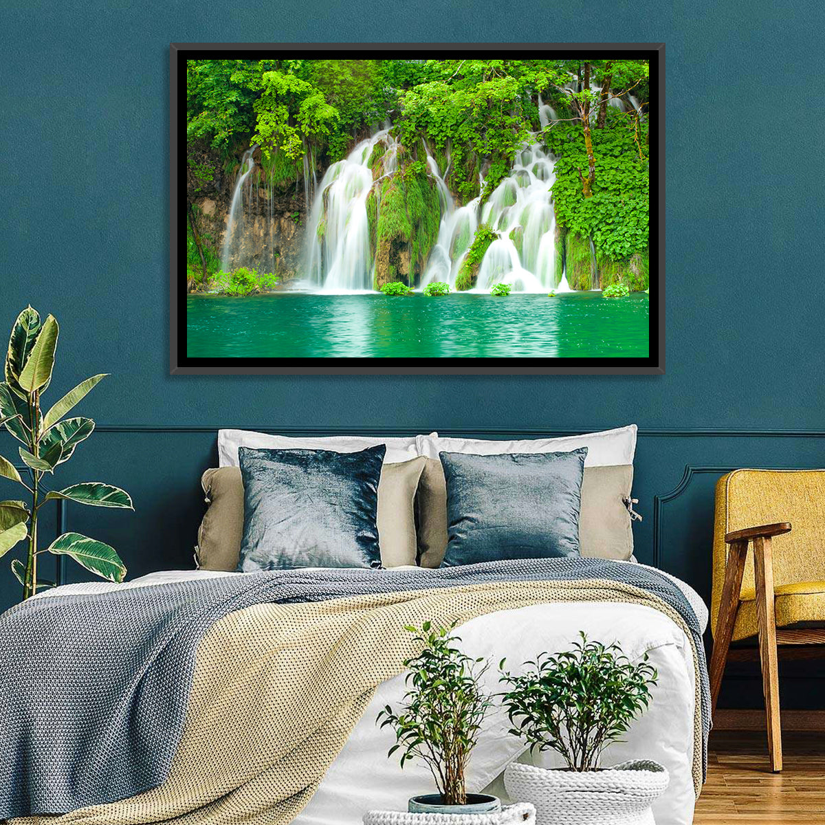 Plitvice Lakes Cascades Wall Art in a room, landscape