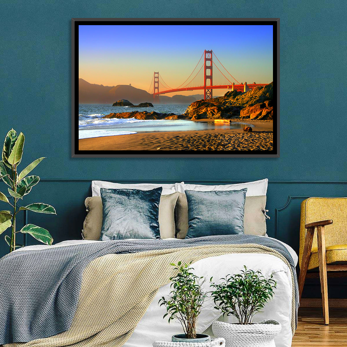 Golden Hour at the Golden Gate Bridge Wall Art in a room, landscape