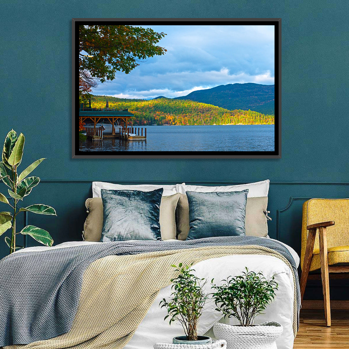 Lake George Boathouse in Autumn Wall Art in a room, landscape