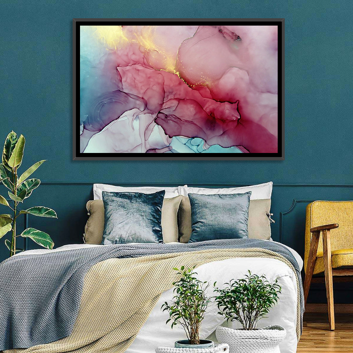 Pink and Gold Fluid Abstract Wall Art in a room, landscape