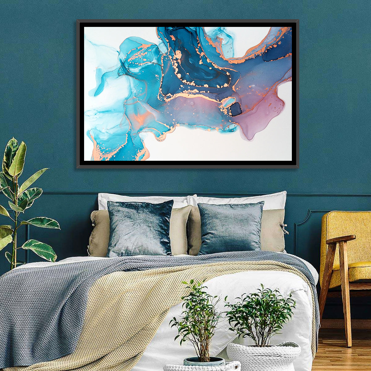 Fluid Ink with Metallic Gold Accents Wall Art in a room, landscape