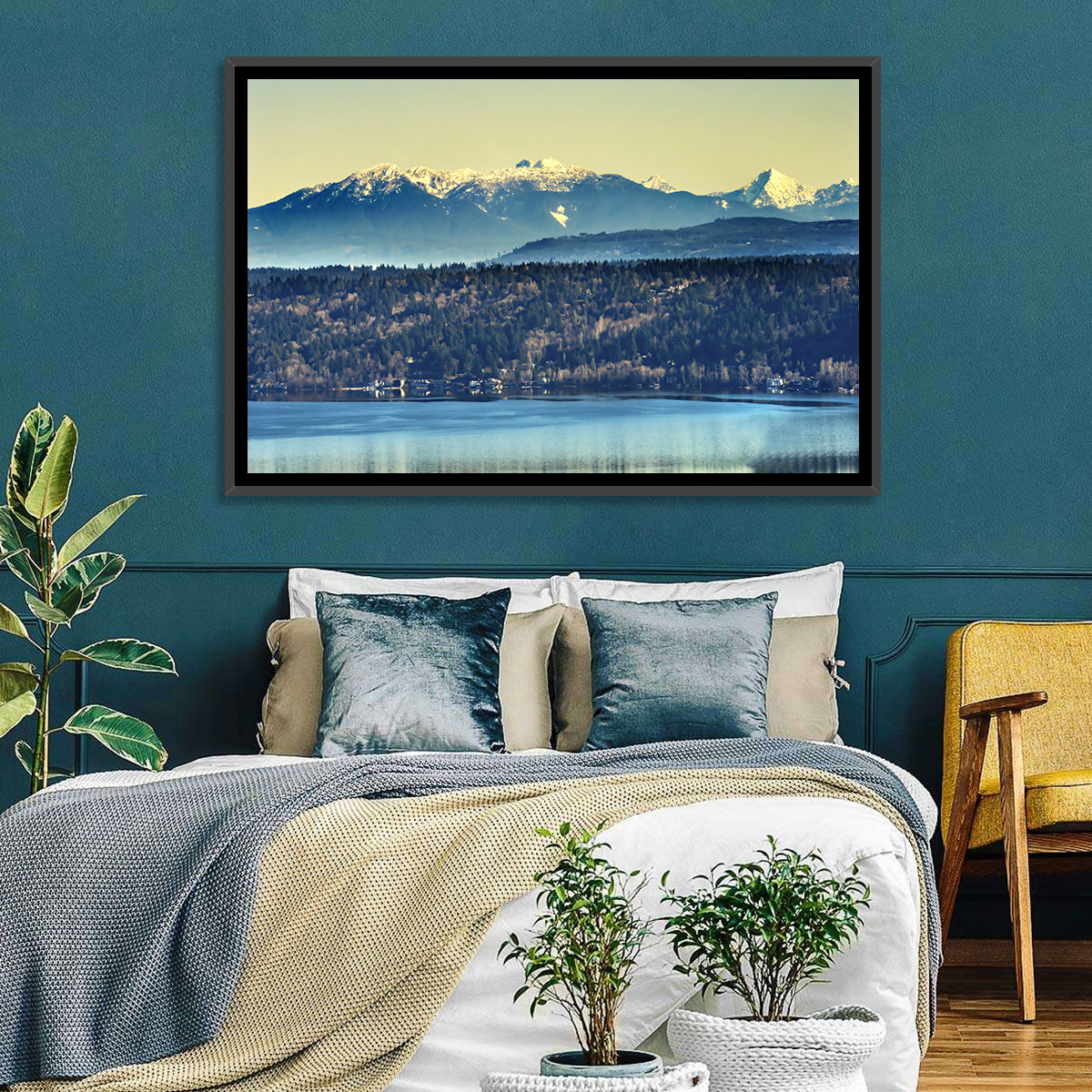 Lake Sammamish Reflection Wall Art in a room, landscape