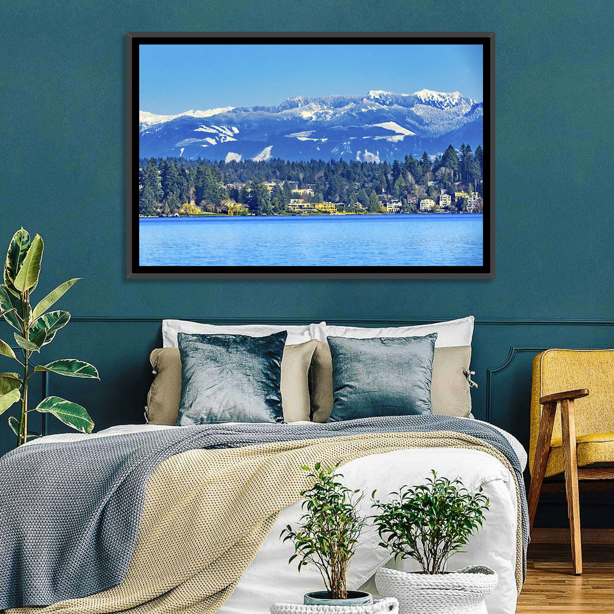 Lake Washington Snow-capped Peaks Wall Art in a room, landscape