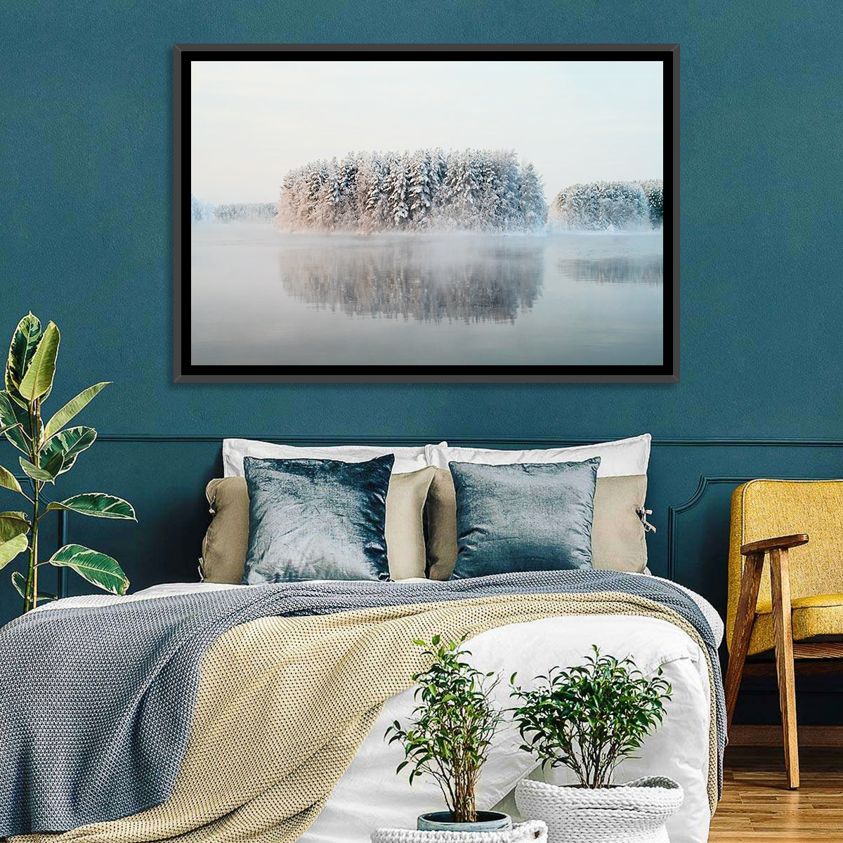 Misty Karelia Lake Wall Art in a room, landscape