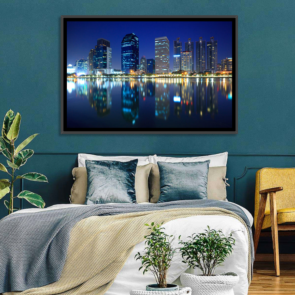 Benjakitti Park Night Skyline Wall Art in a room, landscape