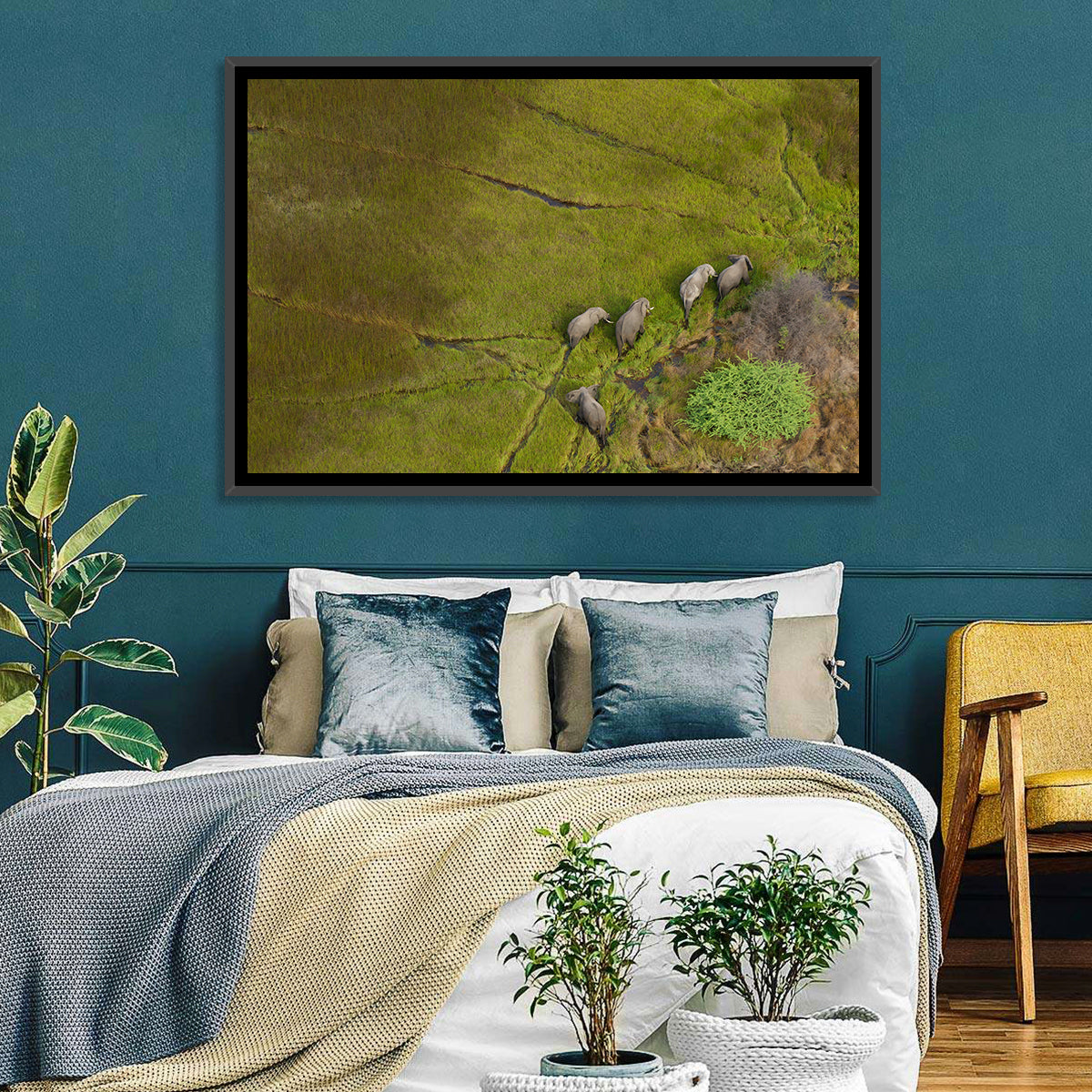 Aerial Herd of Elephants Wall Art in a room, landscape