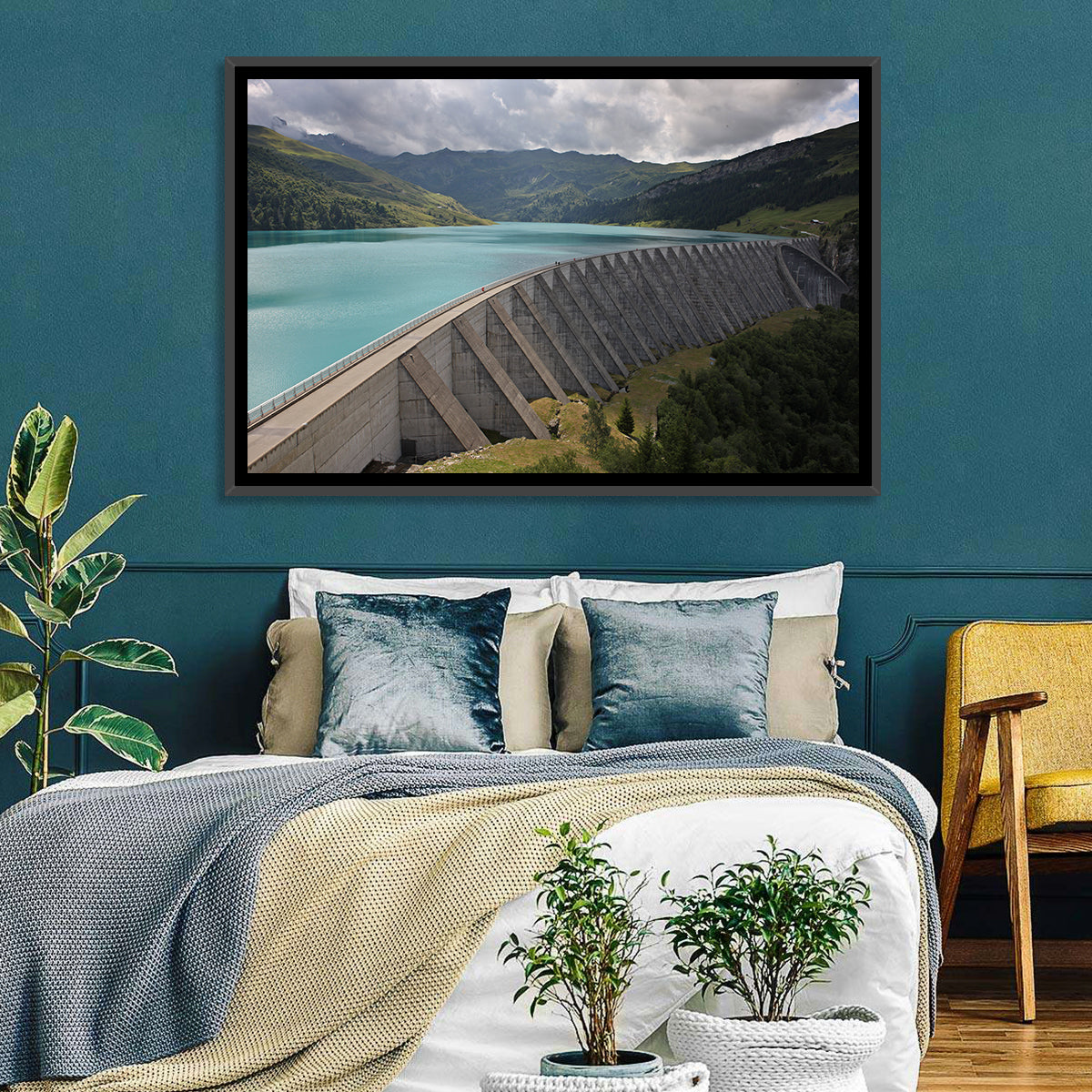 Curved Dam on Turquoise Lake Wall Art in a room, landscape
