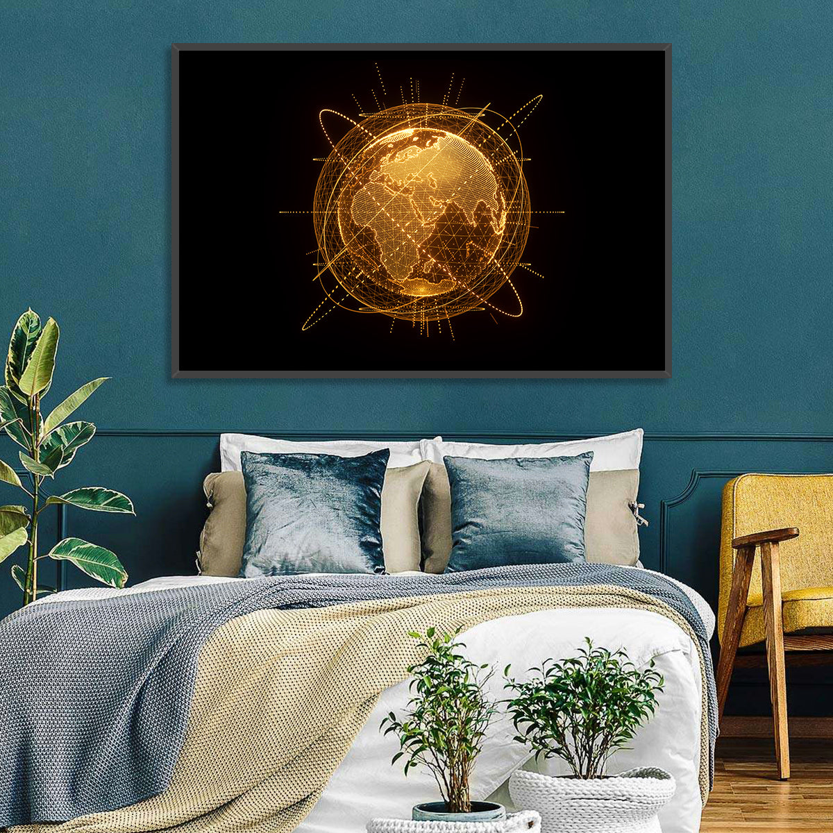 Golden Hologram Globe Wall Art in a room, landscape