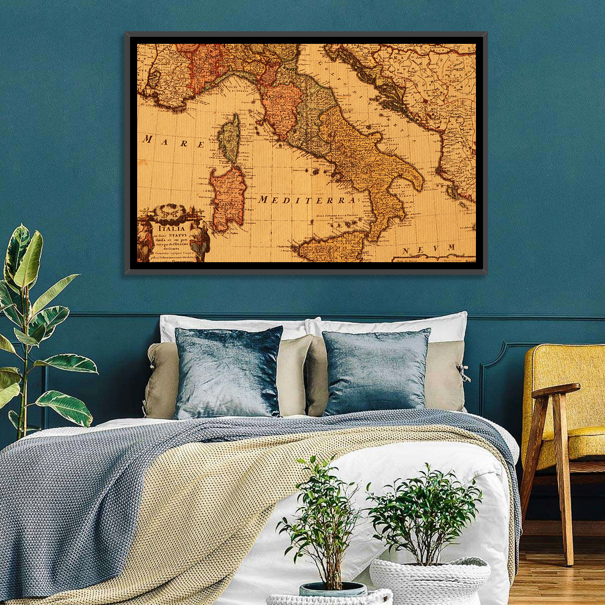 Antique Map of Italy with Ornate Cartouche Wall Art in a room, landscape