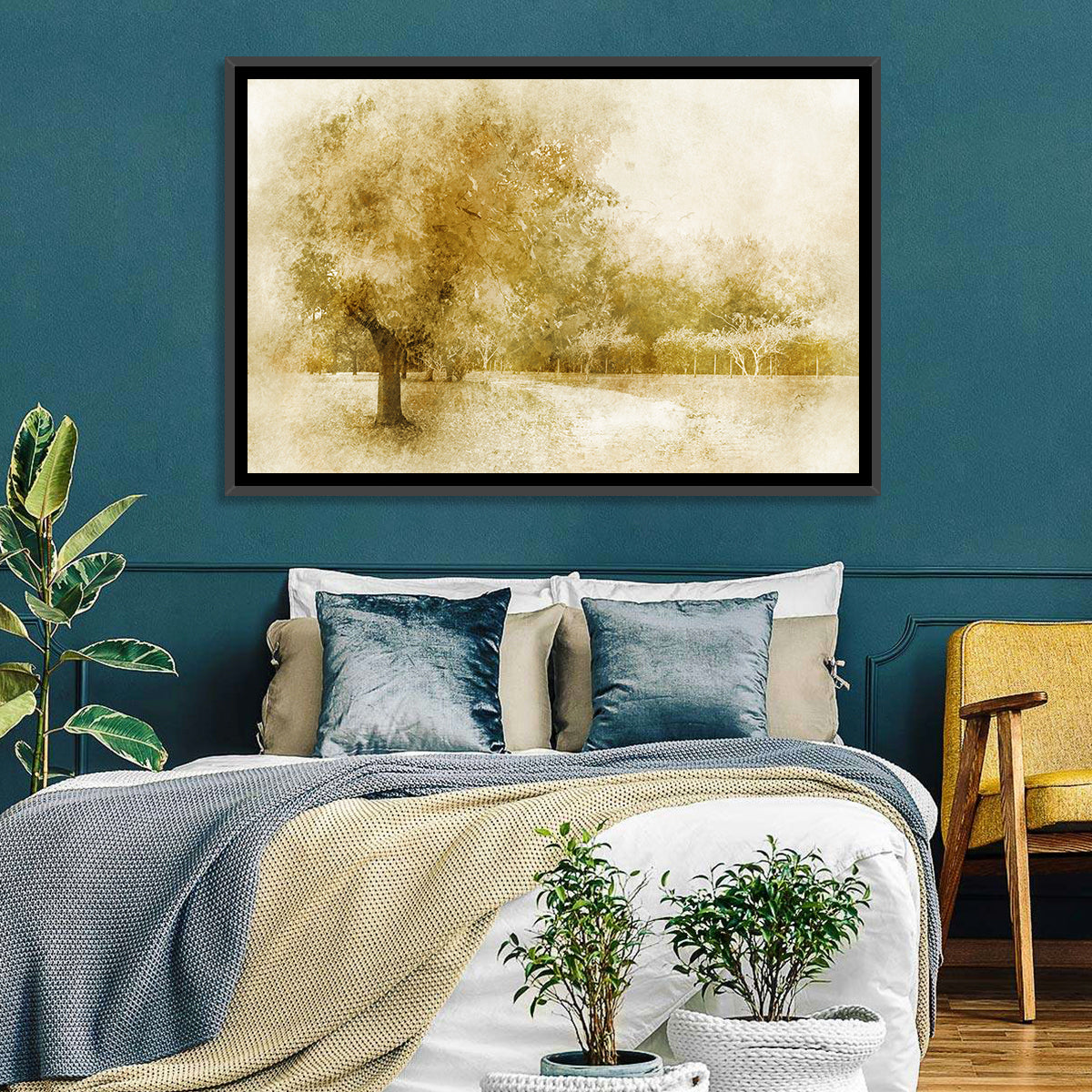 Sepia Orchard Pathway Wall Art in a room, landscape