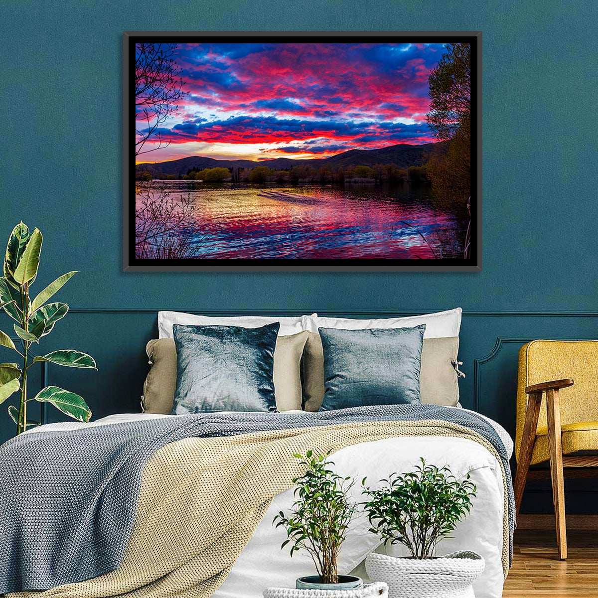Lake Wairepo Arm Sunrise Reflection Wall Art in a room, landscape