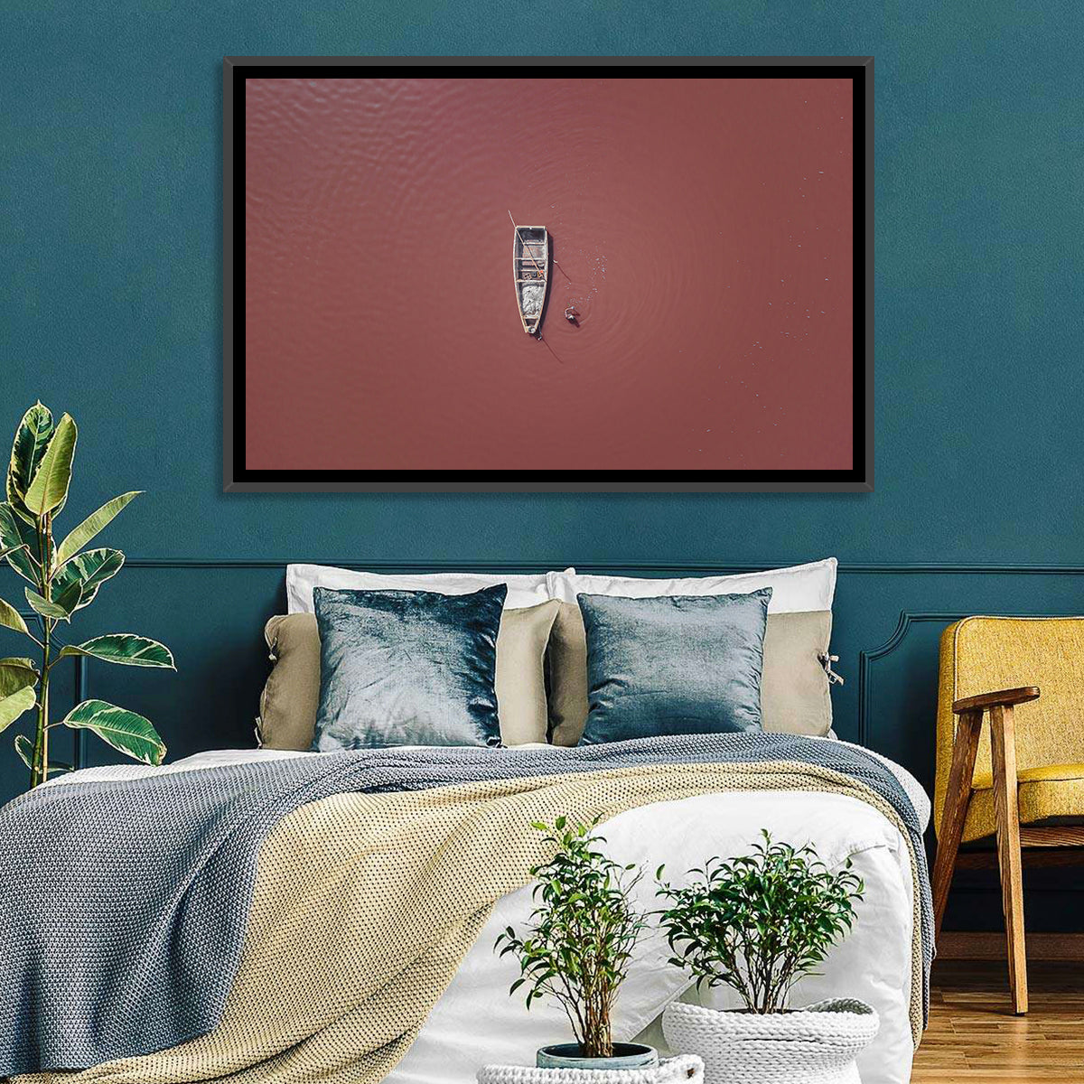 Lake Retba Aerial with Boat Wall Art in a room, landscape