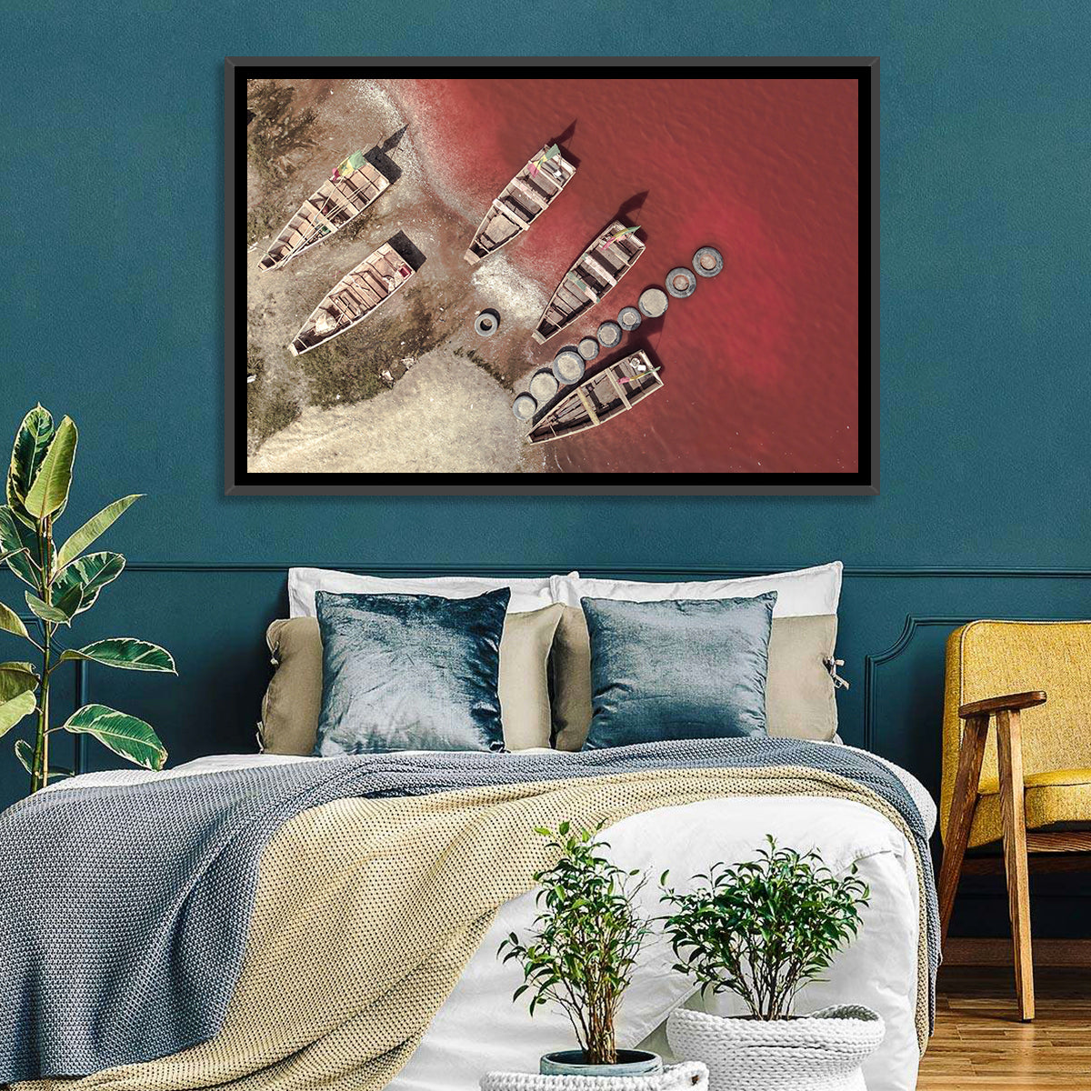 Wooden Boats on Lake Retba Wall Art in a room, landscape
