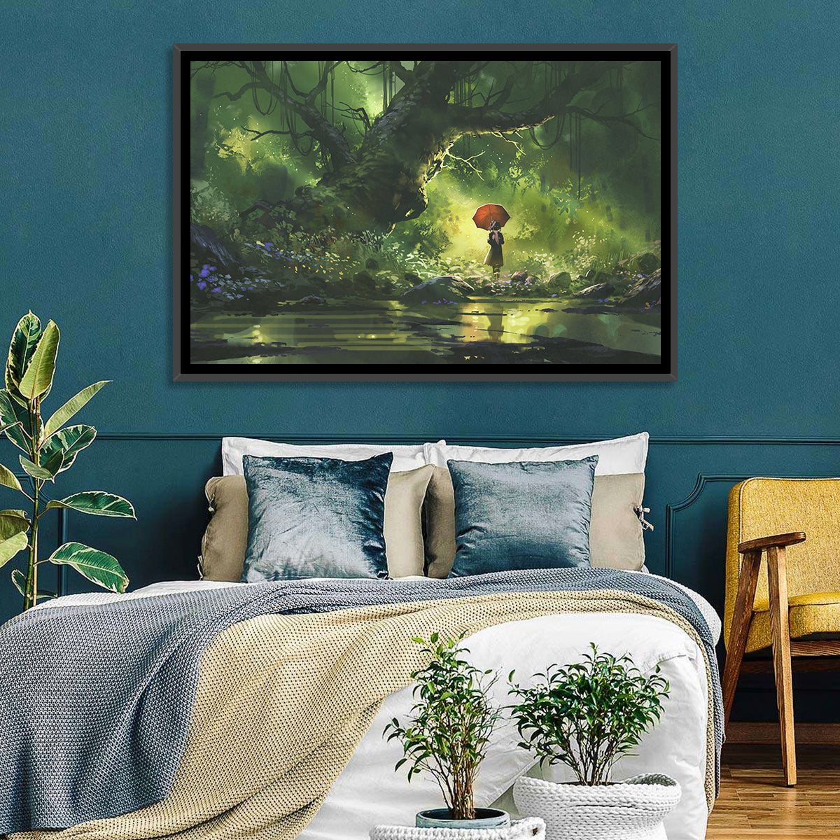 Girl with Umbrella in Mysterious Forest Wall Art in a room, landscape