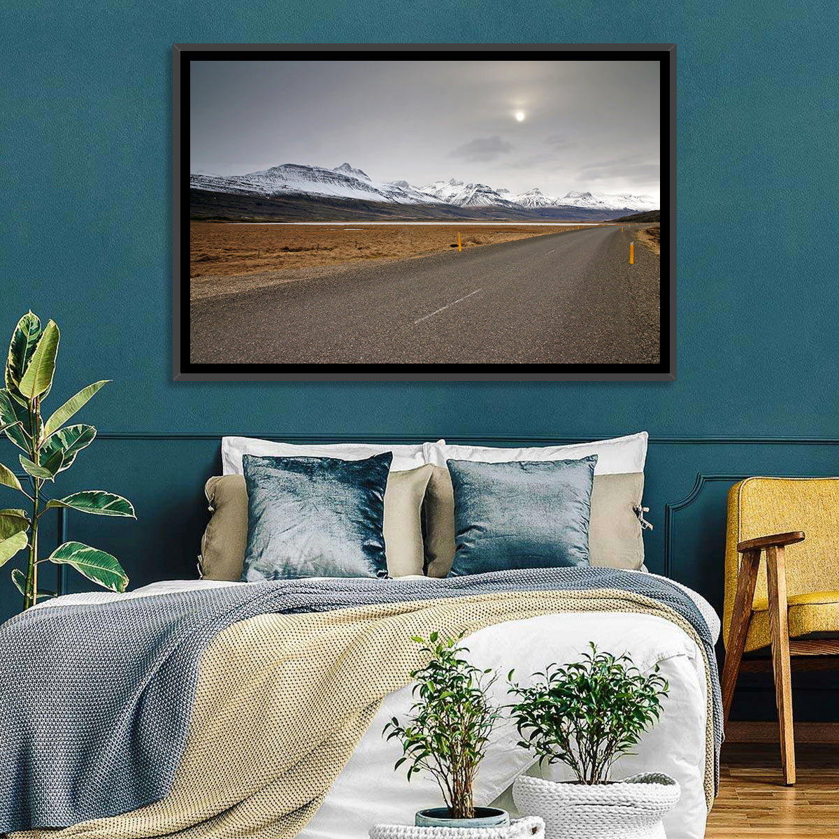 Icelandic Road to Snow-capped Mountains Wall Art in a room, landscape