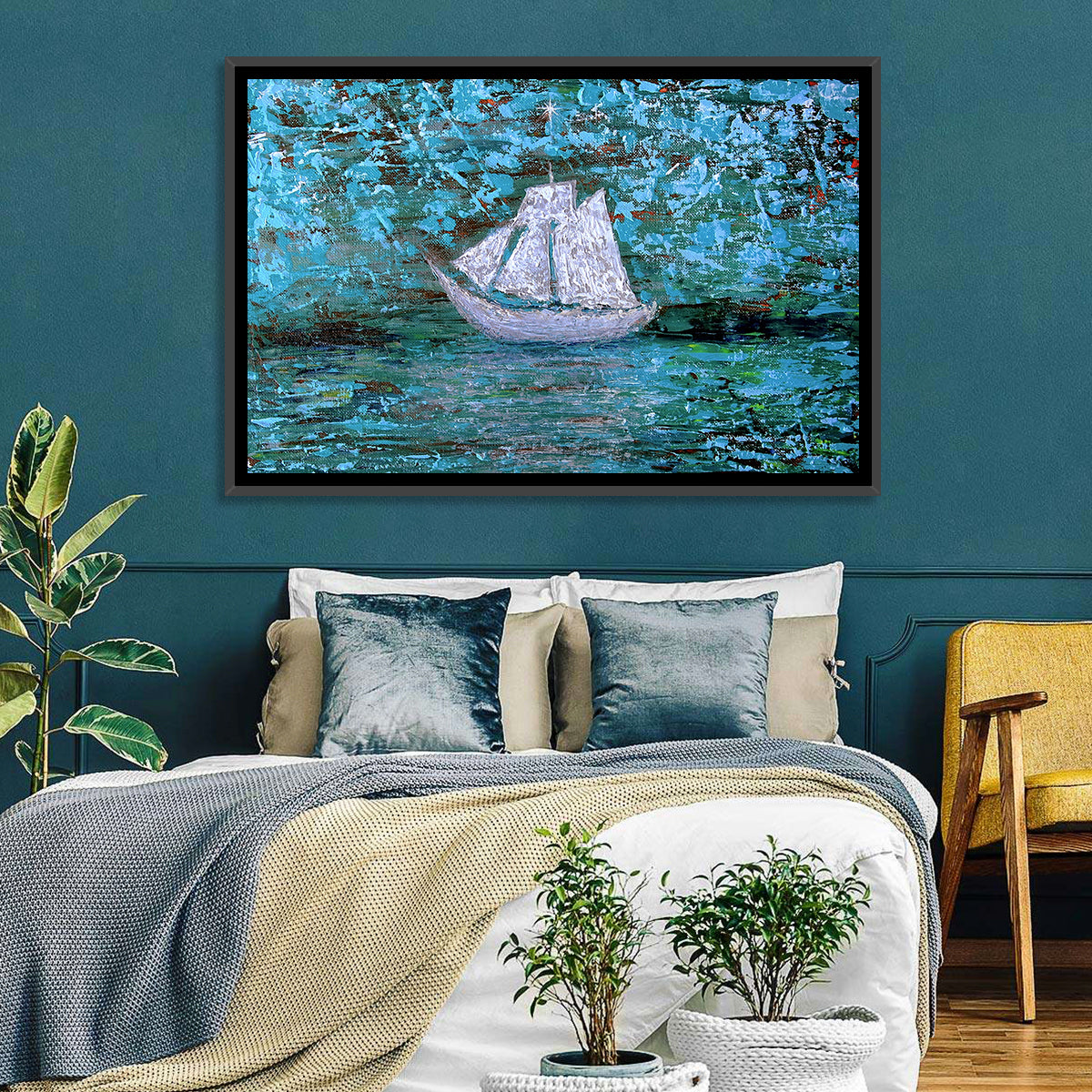 White Sailboat Reflection Wall Art in a room, landscape