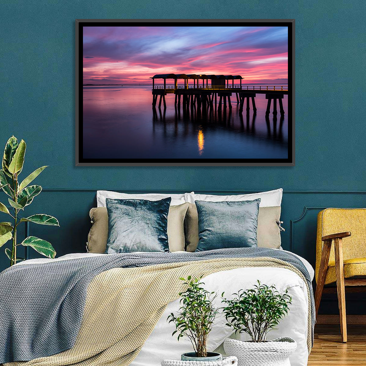 Jekyll Island Dusk Pier Wall Art in a room, landscape