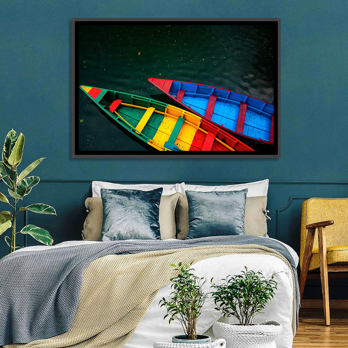 Two Colorful Boats Over Rippling Water Wall Art in a room, landscape