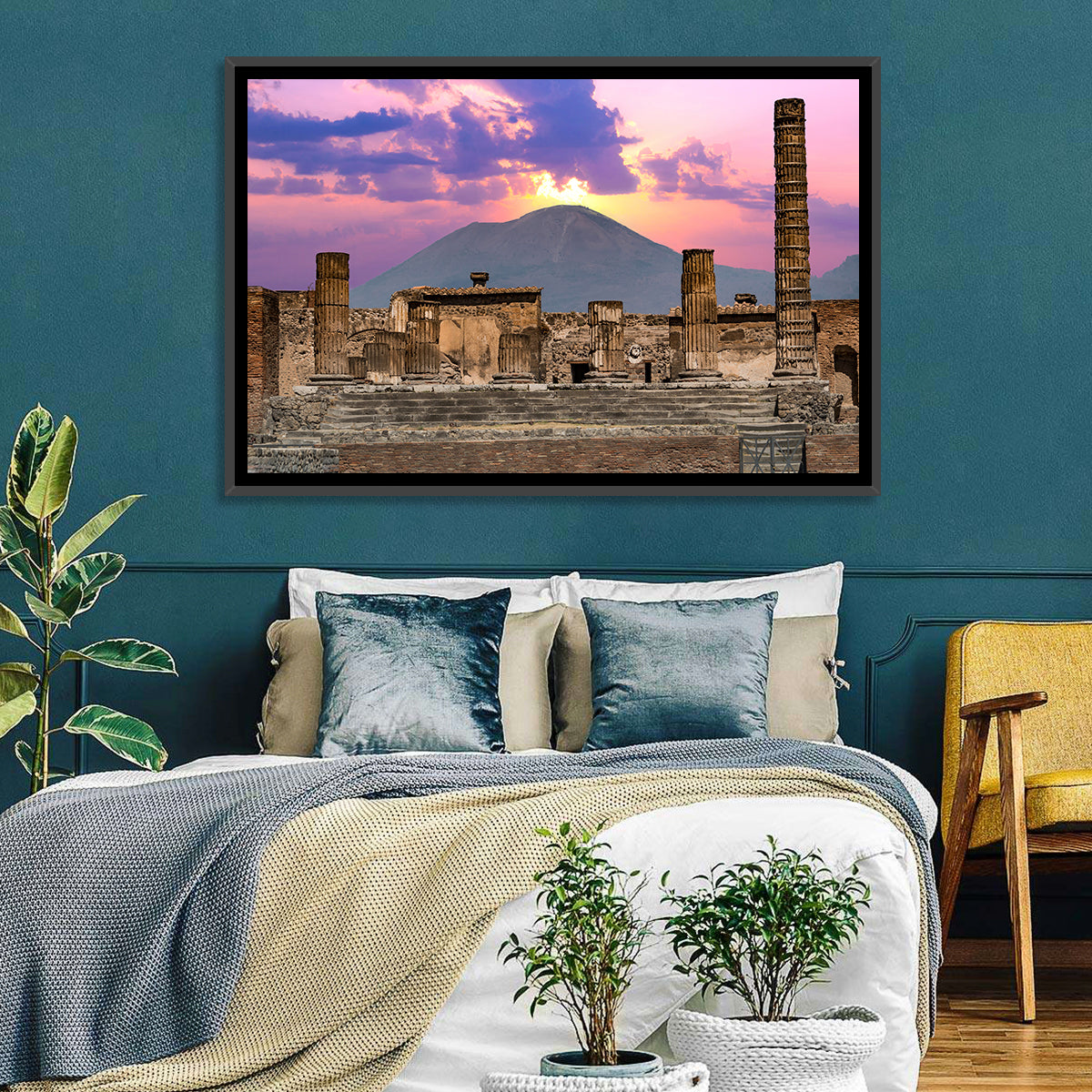 Pompeii Columns at Sunset, Mount Vesuvius Wall Art in a room, landscape
