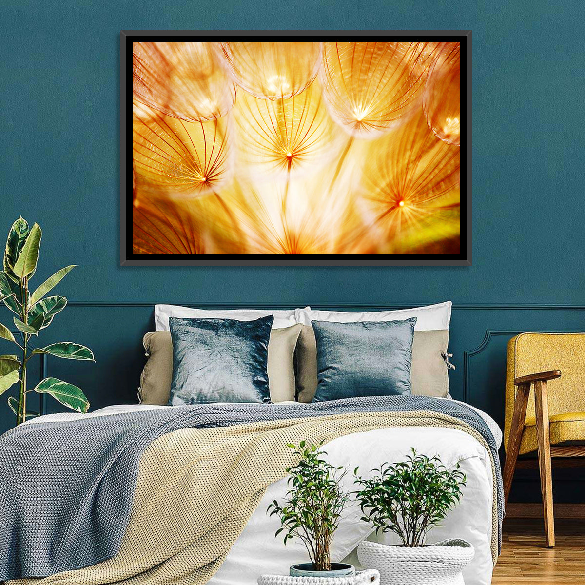 Golden Hour Dandelion Seed Macro Abstract Wall Art in a room, landscape