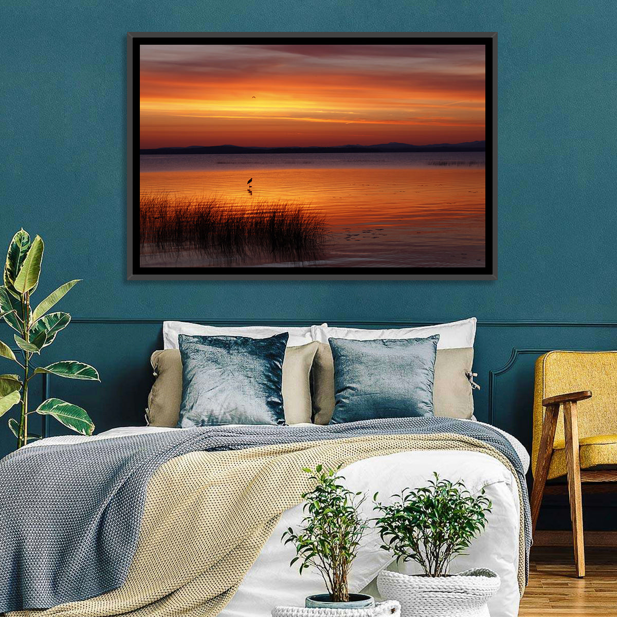 Lake Champlain Sunrise with Heron Wall Art in a room, landscape