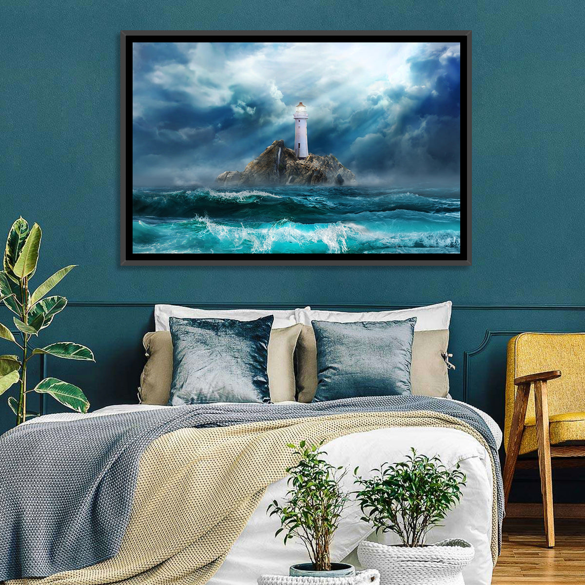 Rocky Island Lighthouse Wall Art in a room, landscape