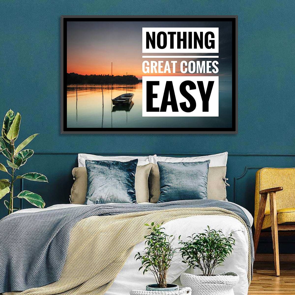 Nothing Great Comes Easy, Boat at Sunrise Wall Art in a room, landscape