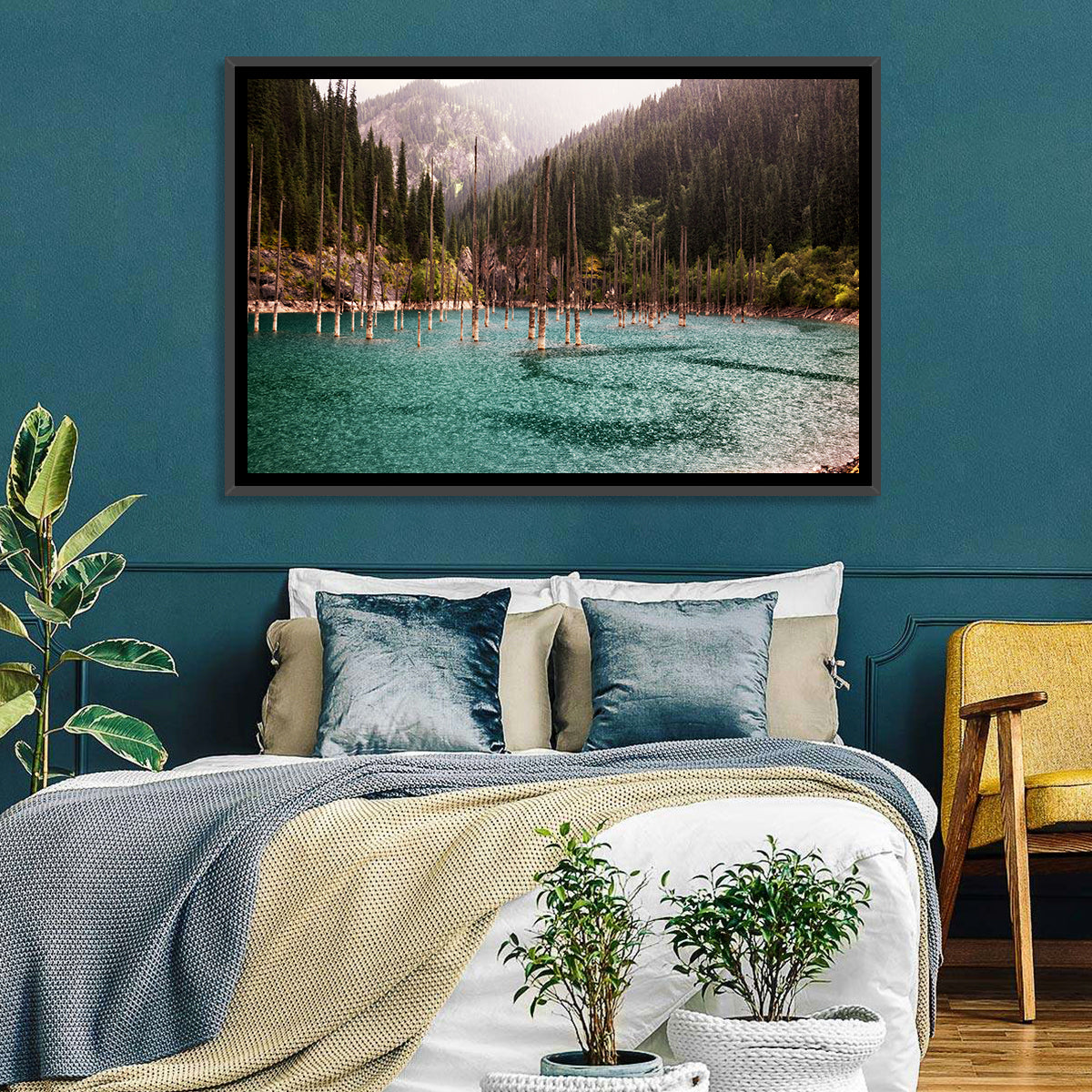 Kaindy Lake Submerged Spruces Wall Art in a room, landscape