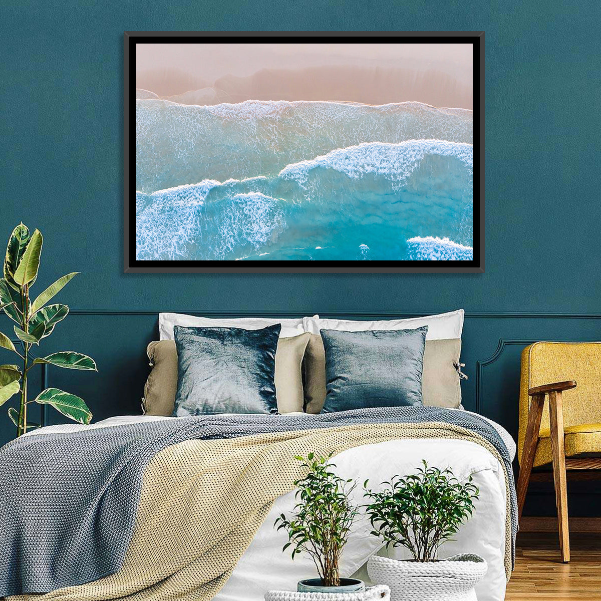 Turquoise Shoreline Aerial View Wall Art in a room, landscape
