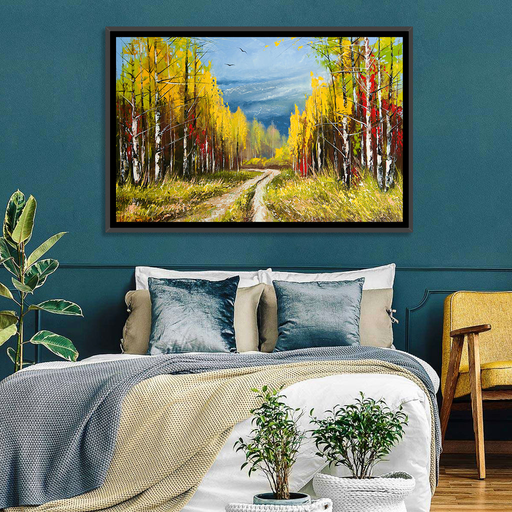 Autumn Birch Path with Two Birds Wall Art
