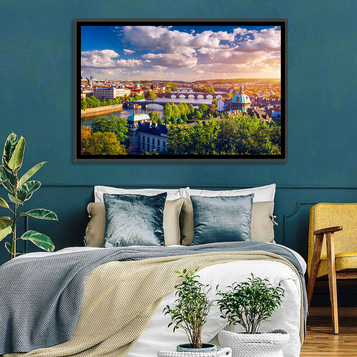 Prague Golden Hour Over Charles Bridge Wall Art in a room, landscape
