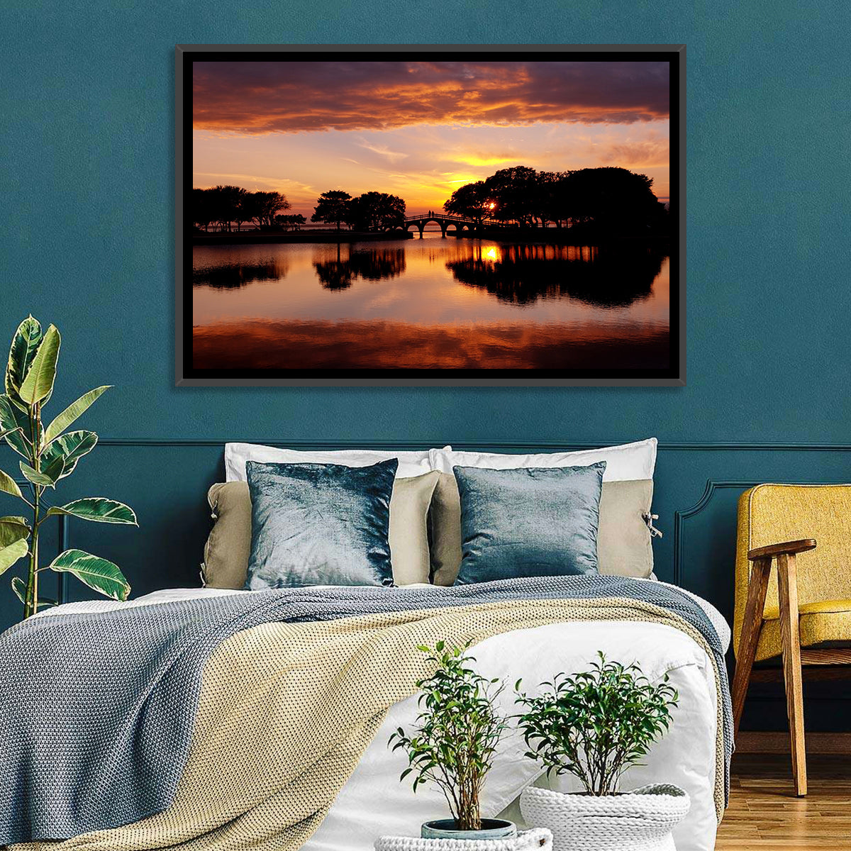 Tranquility Bridge at Sunset Wall Art in a room, landscape