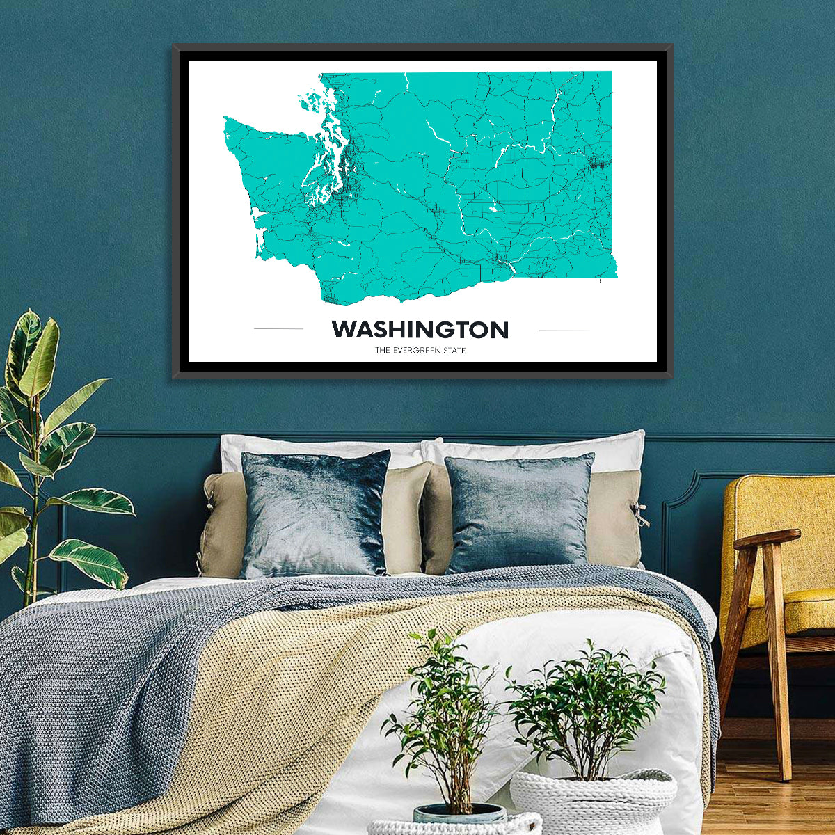 Washington State Minimalist Map Wall Art in a room, landscape