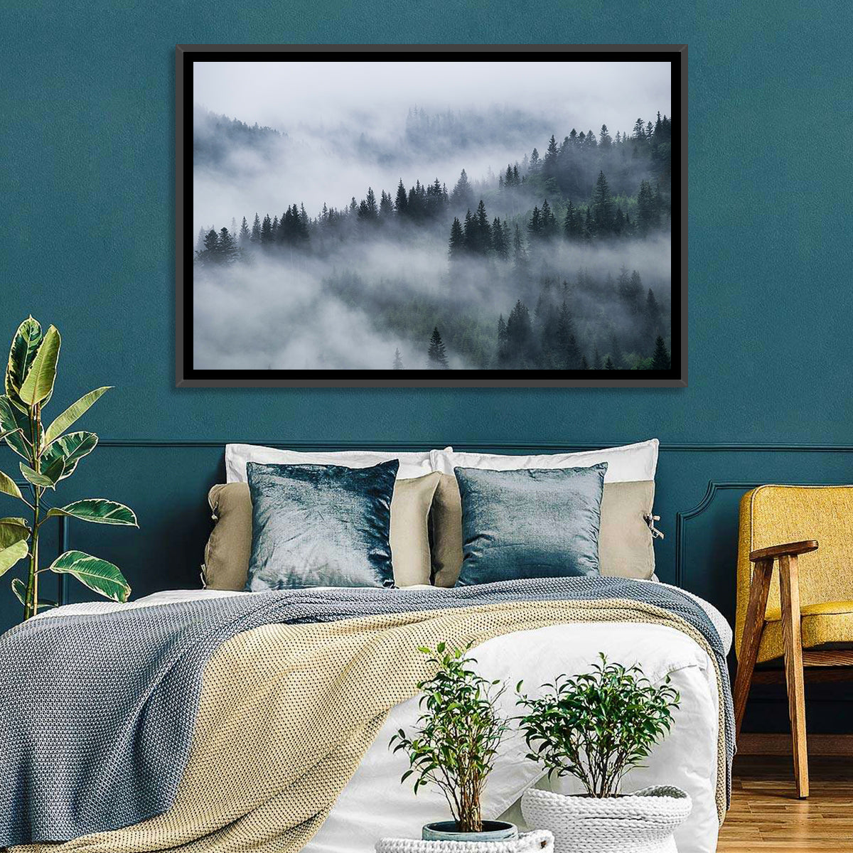 Misty Mountain Pine Forest Wall Art in a room, landscape