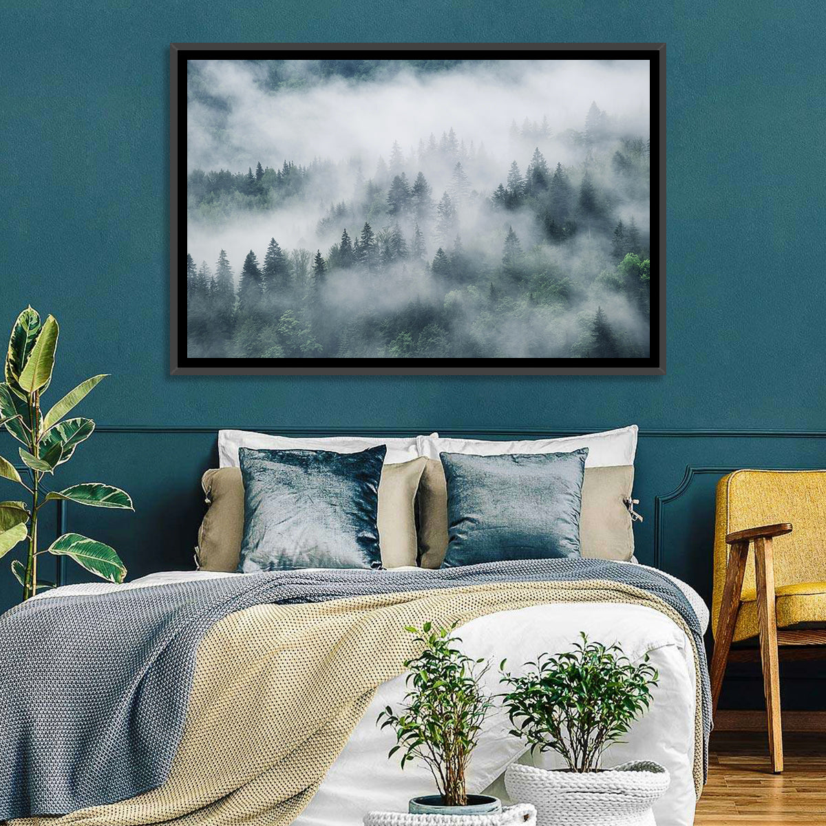 Misty Mountain Forest Wall Art in a room, landscape